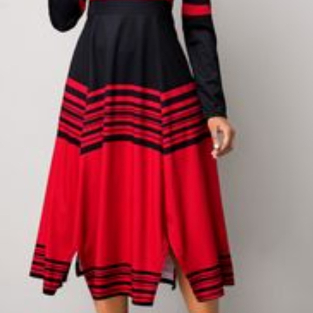 Ashro Dress Sweater Large Elegant Red and Black Striped Dress - Picture 2 of 13